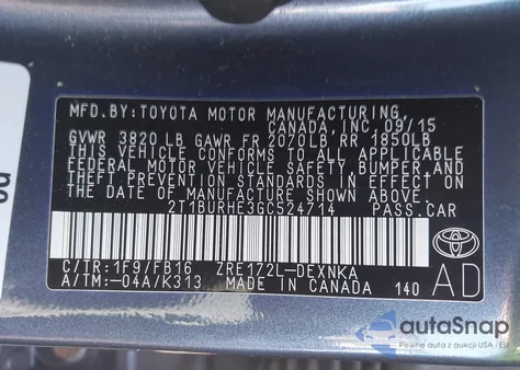 2016 Toyota Corolla Le z USA, uszkodzony, nr VIN 2T1BURHE3GC524714